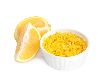 Photo of Grated lemon zest and fresh fruit on white background