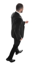 Businessman in suit on white background, back view