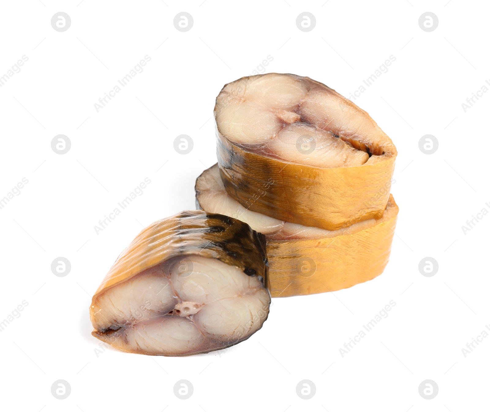 Photo of Slices of tasty smoked fish isolated on white