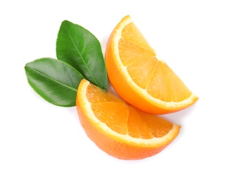 Photo of Fresh orange slices on white background, top view