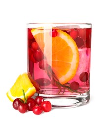 Photo of Tasty cranberry cocktail with ice cubes and orange in glass isolated on white
