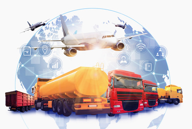 Image of Logistics concept. Multiple exposure of different transports and world globe 