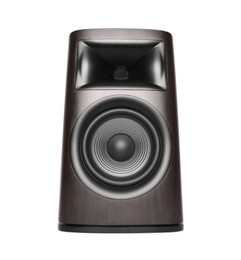 Photo of One wooden sound speaker on white background