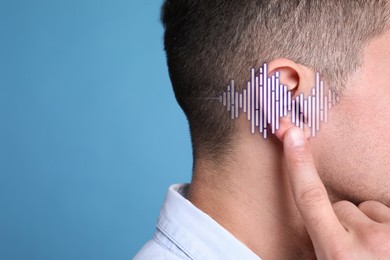 Image of Hearing loss concept. Man and sound waves illustration on light blue background, closeup with space for text