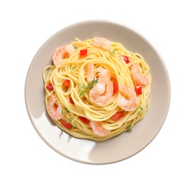 Photo of Plate with spaghetti and shrimps on white background, top view