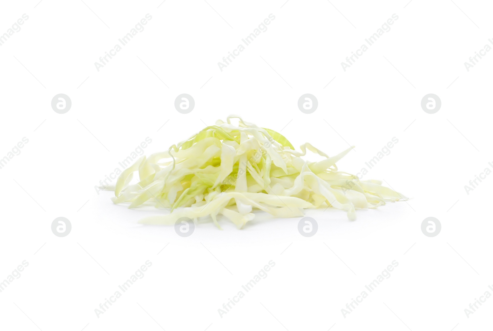 Photo of Pile of shredded fresh ripe cabbage on white background