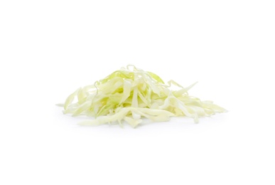 Photo of Pile of shredded fresh ripe cabbage on white background