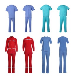 Image of Different medical uniforms isolated on white, collage with back and front views