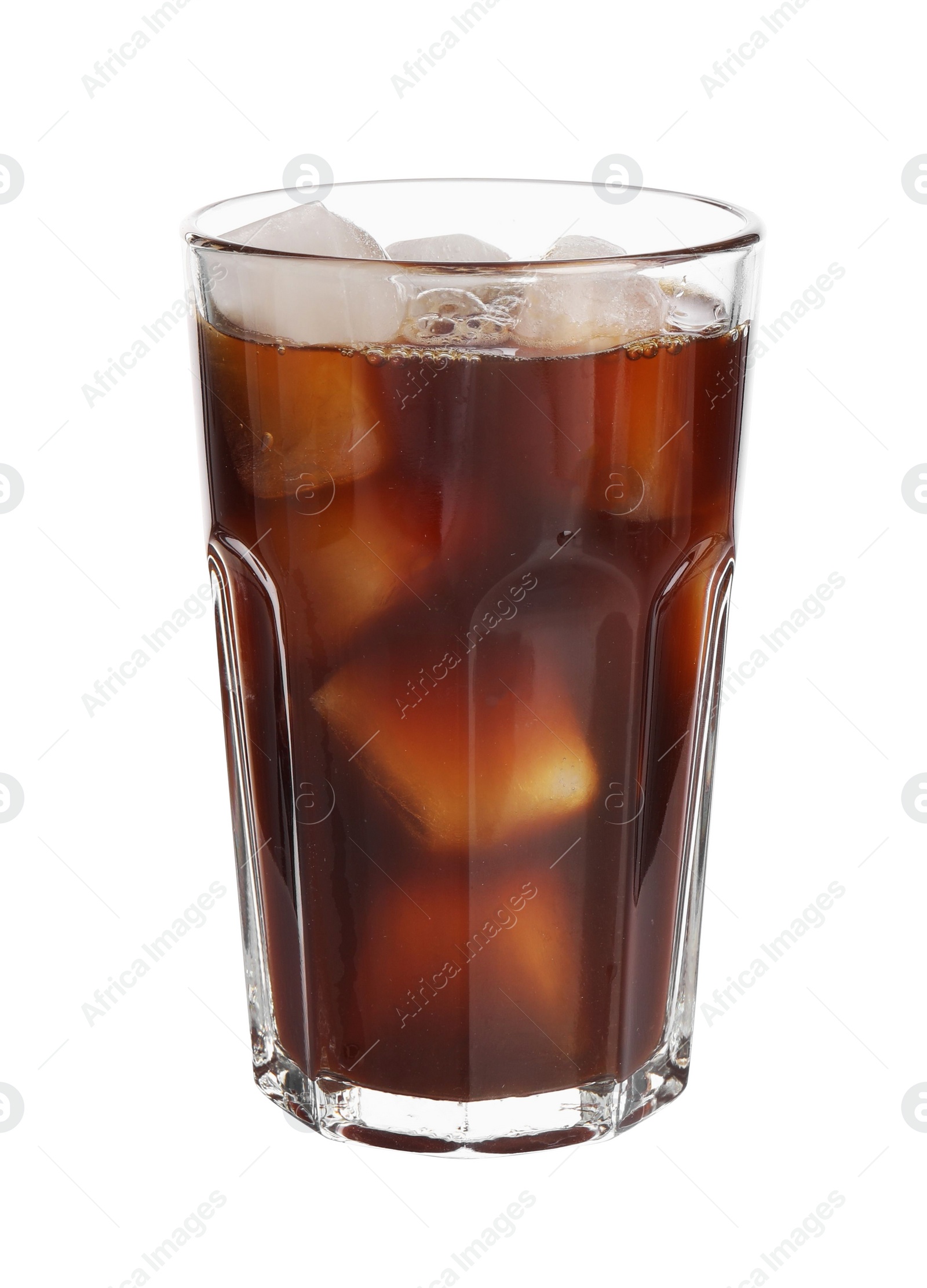 Photo of Tasty coffee with ice cubes in glass isolated on white