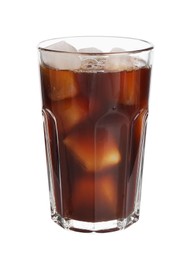 Tasty coffee with ice cubes in glass isolated on white