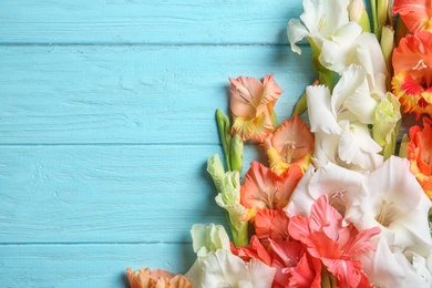Photo of Flat lay composition with beautiful gladiolus flowers on wooden background
