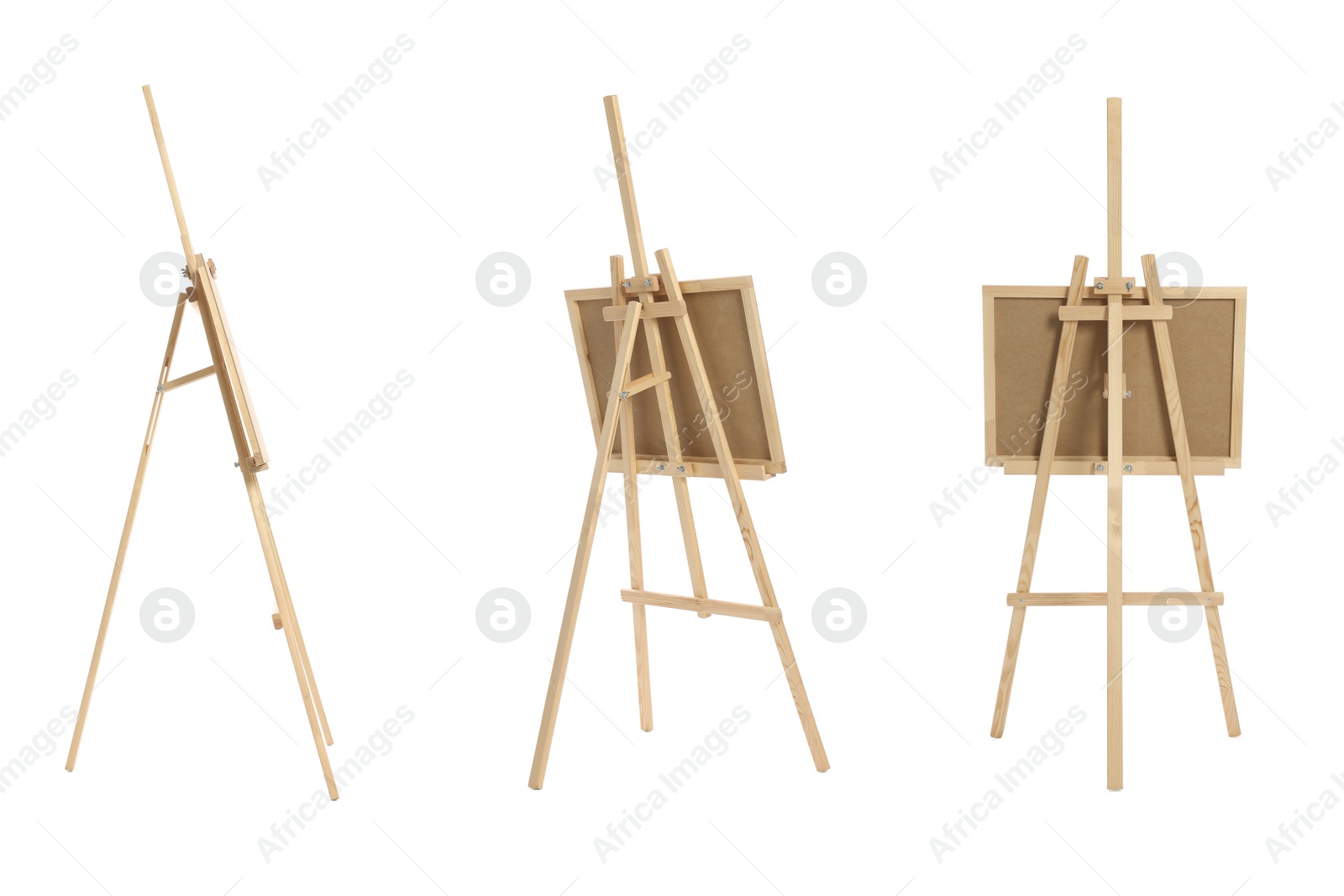 Image of Wooden easel with canvas isolated on white, different sides