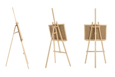 Image of Wooden easel with canvas isolated on white, different sides