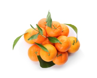 Photo of Fresh tangerines with green leaves on white background, top view