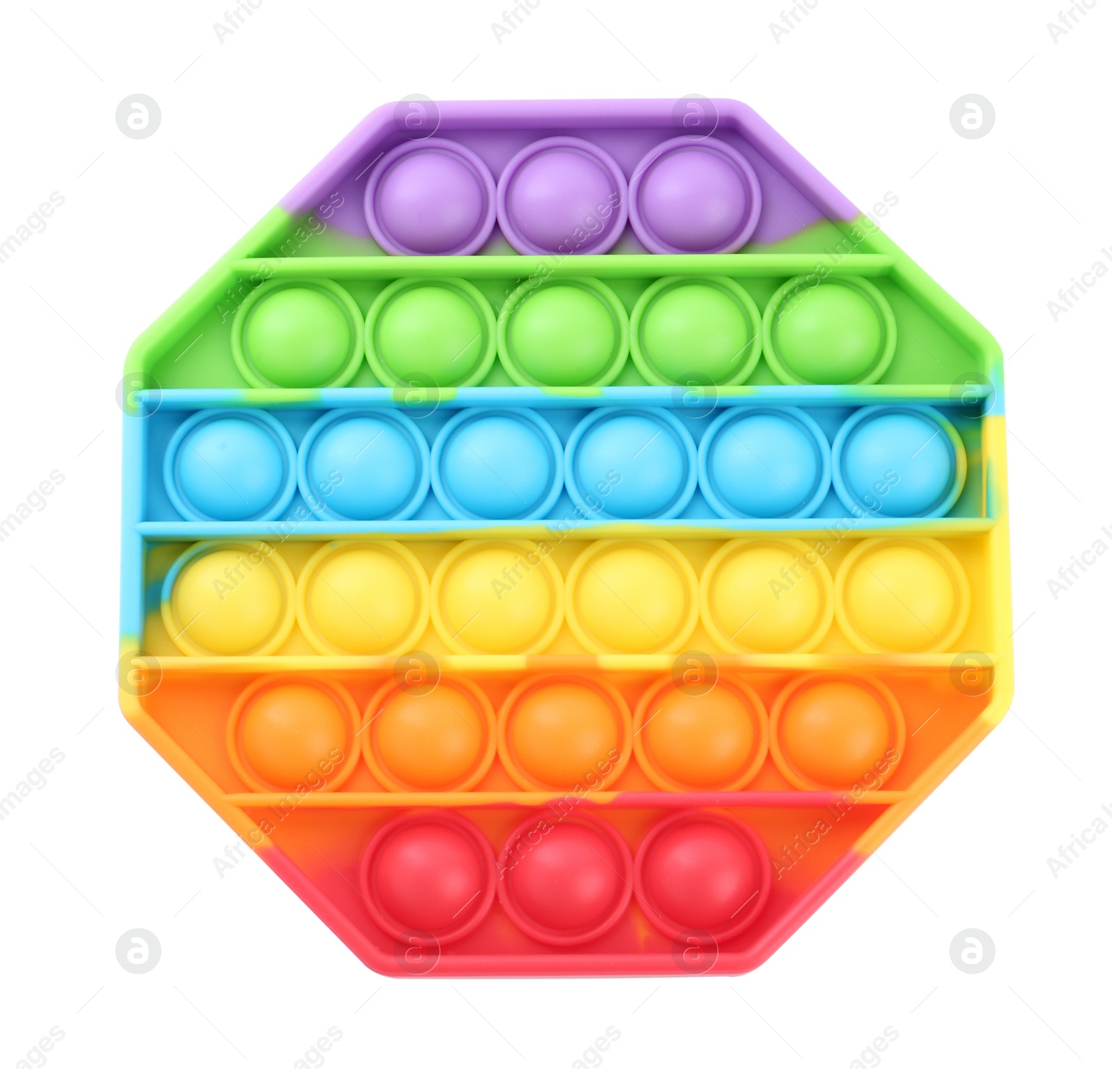 Photo of Rainbow pop it fidget toy isolated on white, top view