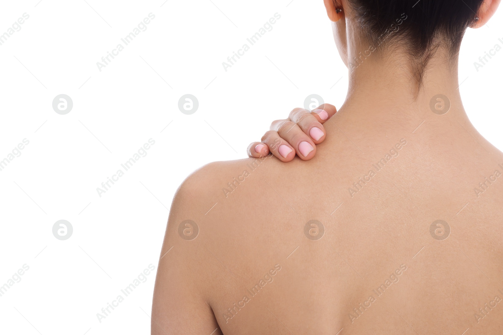 Photo of Back view of woman with perfect smooth skin on white background, closeup