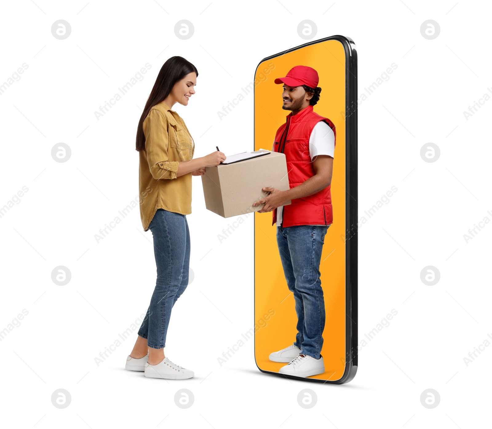 Image of Courier delivering parcel to woman through huge smartphone on white background