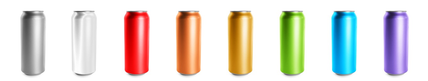 Image of Set with different colorful aluminium cans of beverage on white background. Banner design