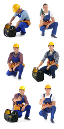 Image of Collage with photos of electricians on white background