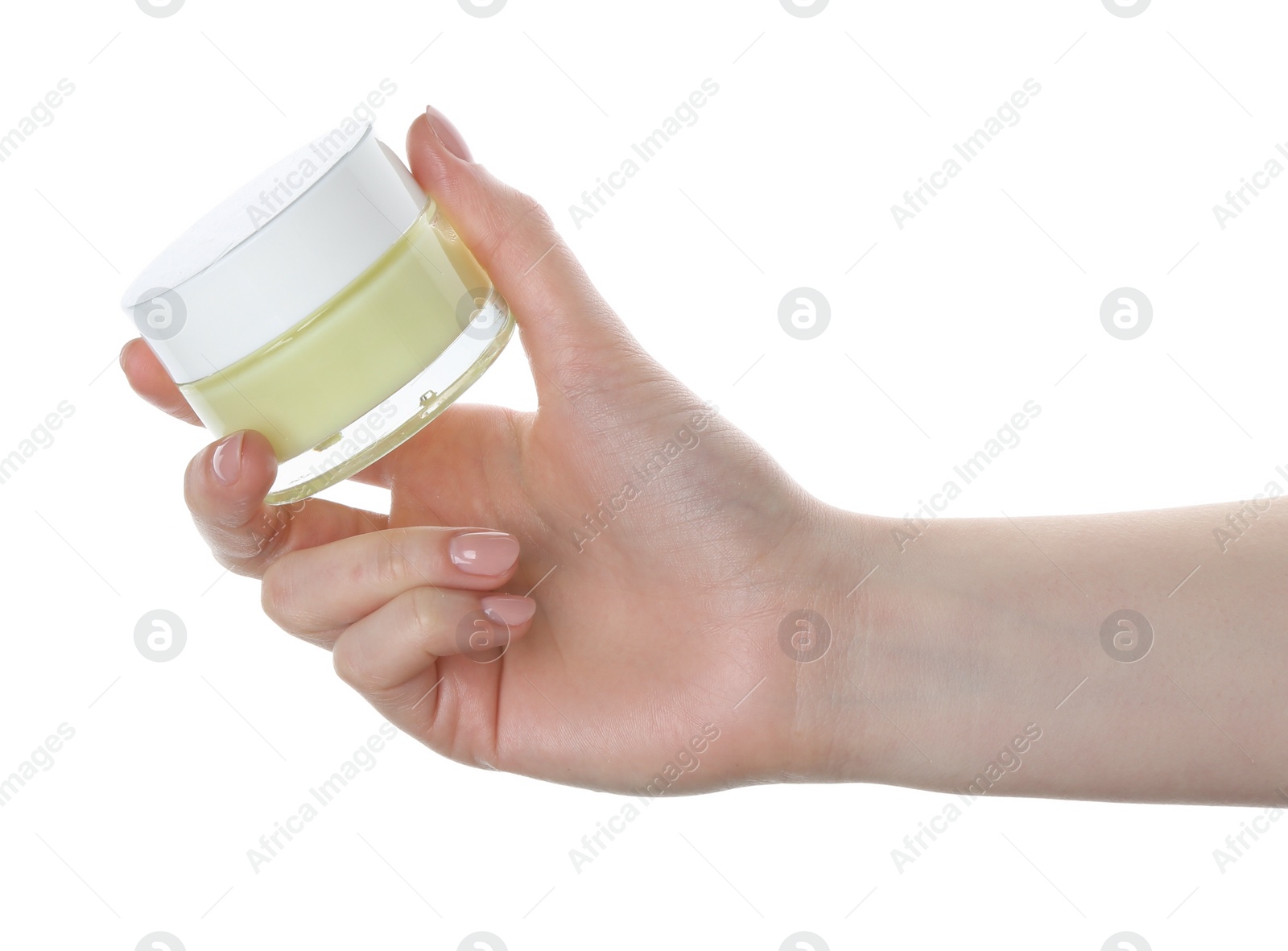 Photo of Woman with jar of cream isolated on white, closeup