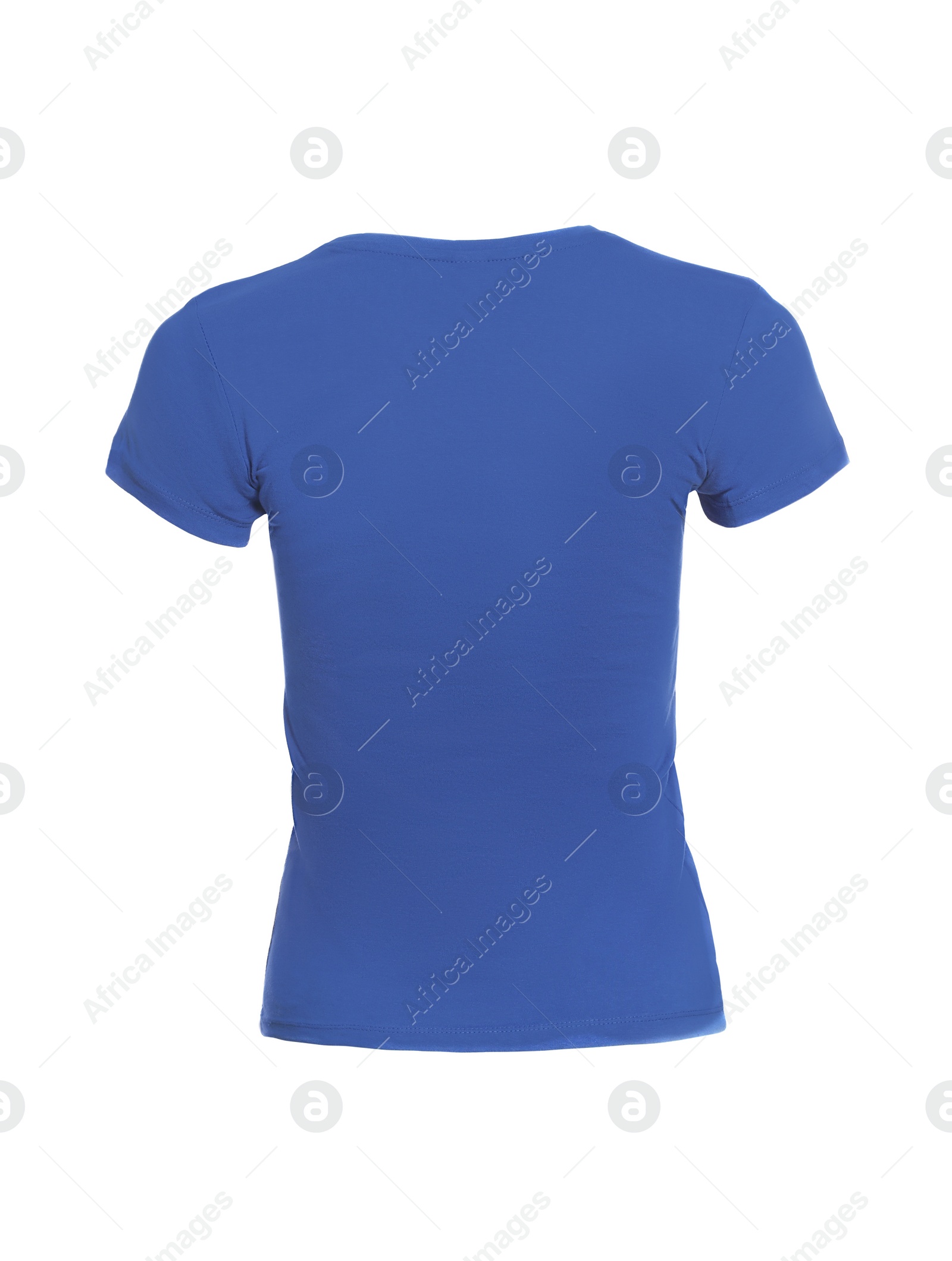 Photo of Mannequin with blue women's t-shirt isolated on white. Mockup for design