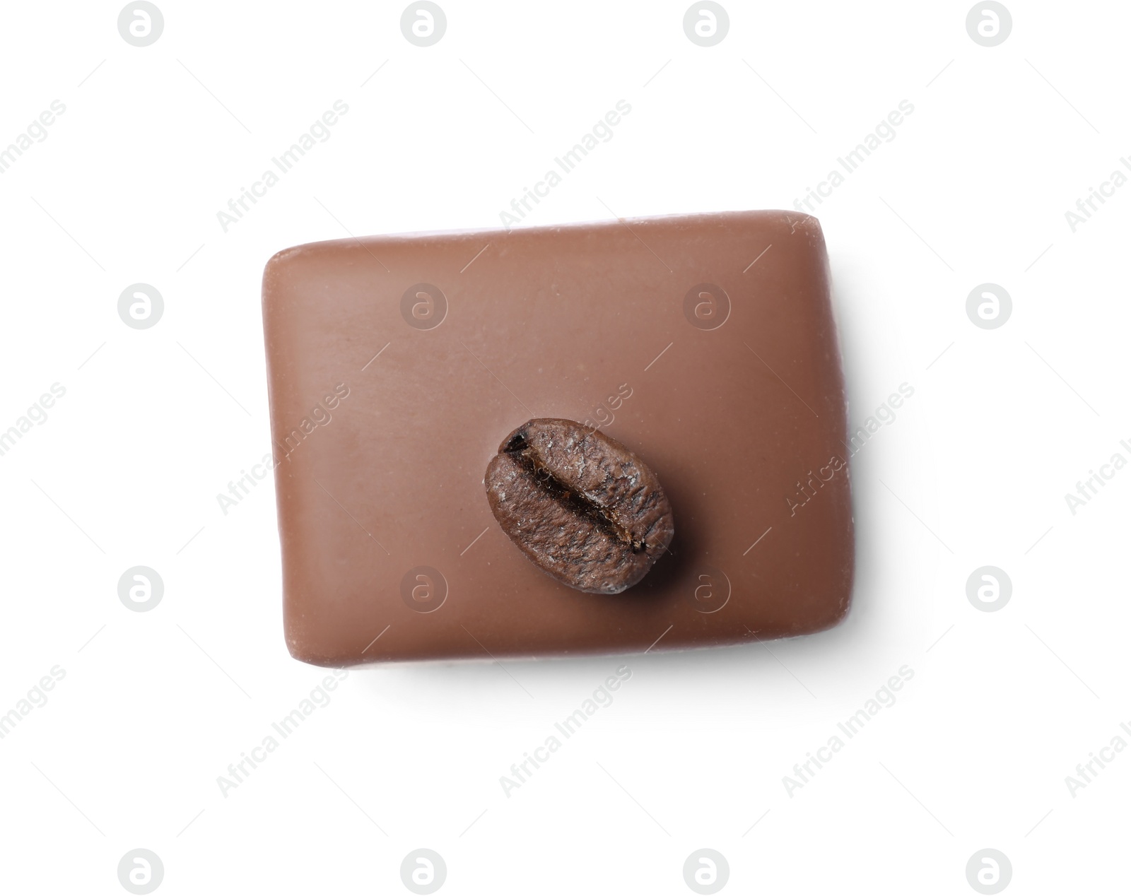 Photo of Delicious milk chocolate candy with coffee bean isolated on white, top view