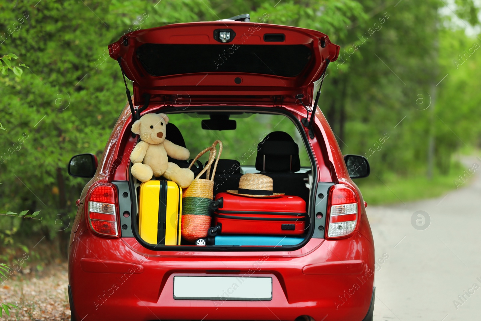 Photo of Suitcases, teddy bear and hat in car trunk near forest