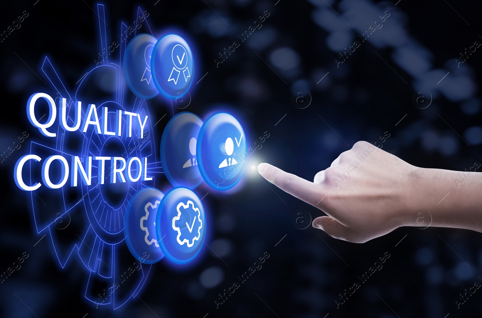 Image of Quality control service. Man using virtual screen, closeup