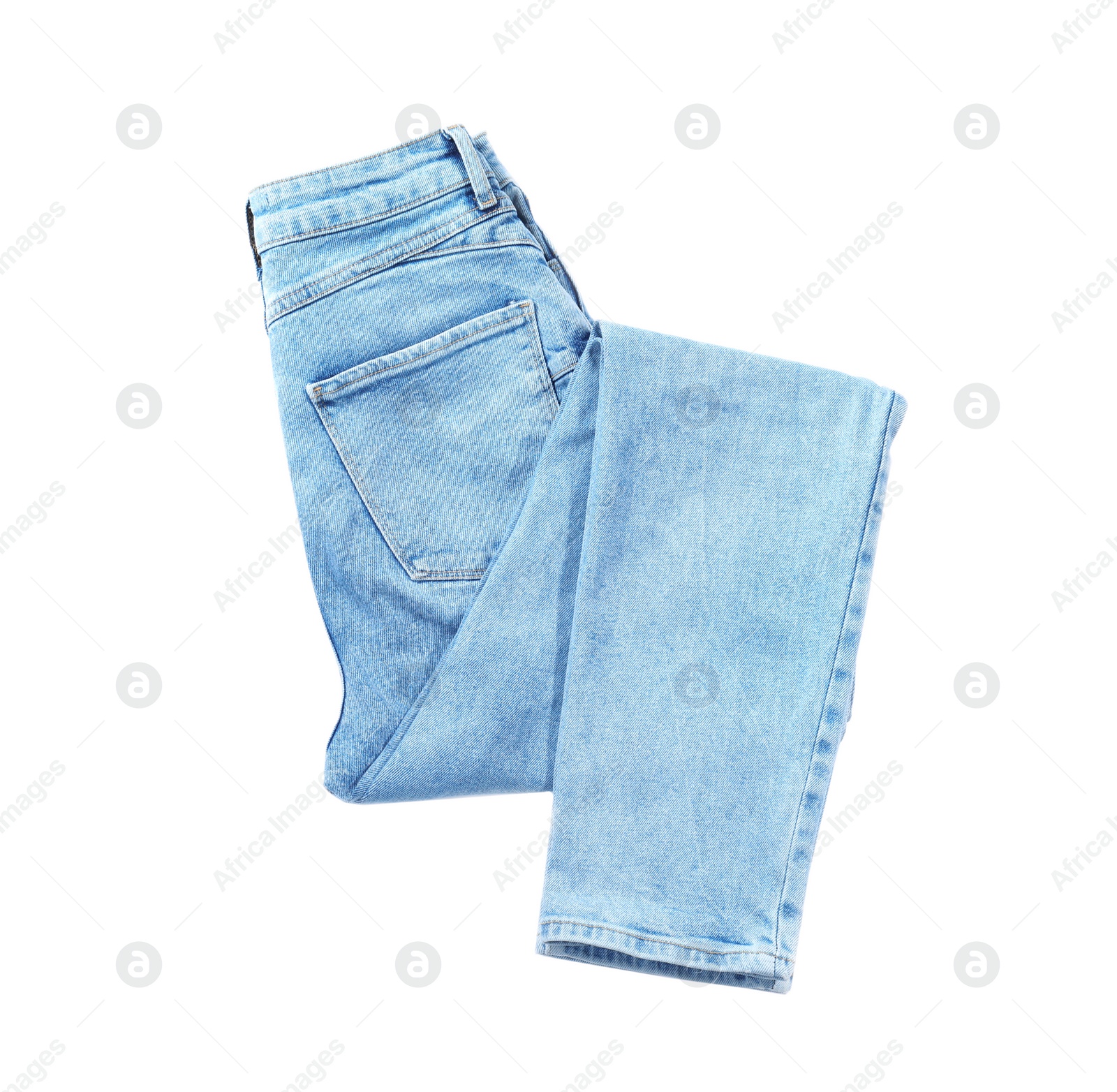 Photo of New stylish jeans isolated on white, top view