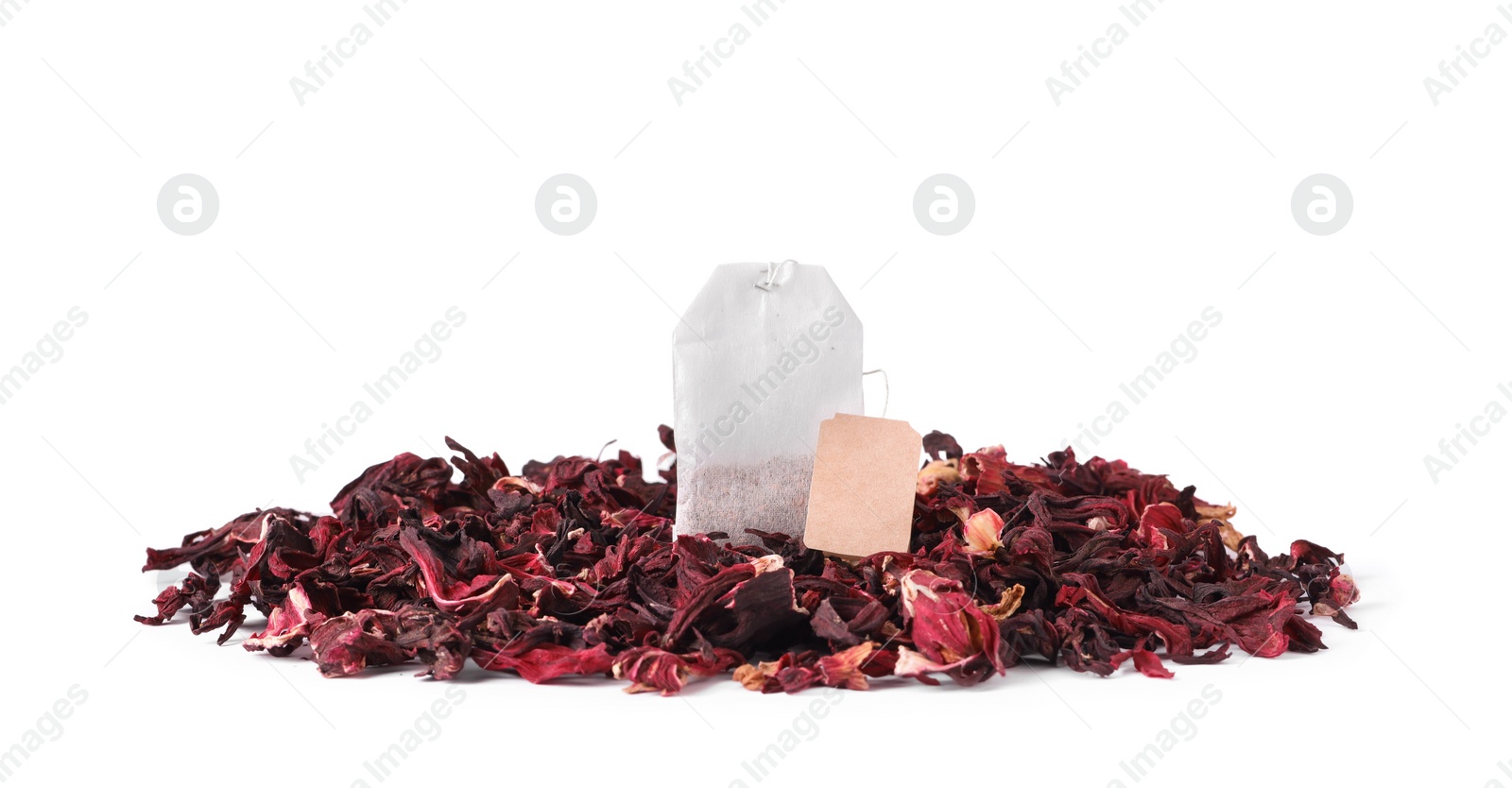 Photo of Pile and bag of dry hibiscus tea isolated on white