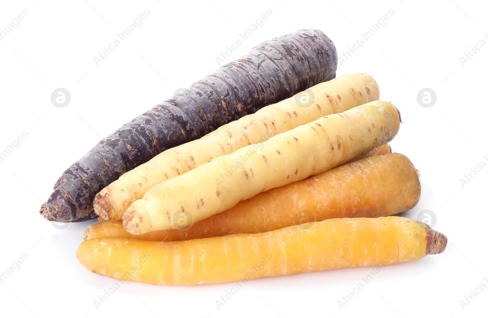 Photo of Different tasty raw carrots isolated on white