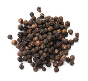 Photo of Aromatic spice. Many black dry peppercorns isolated on white, top view