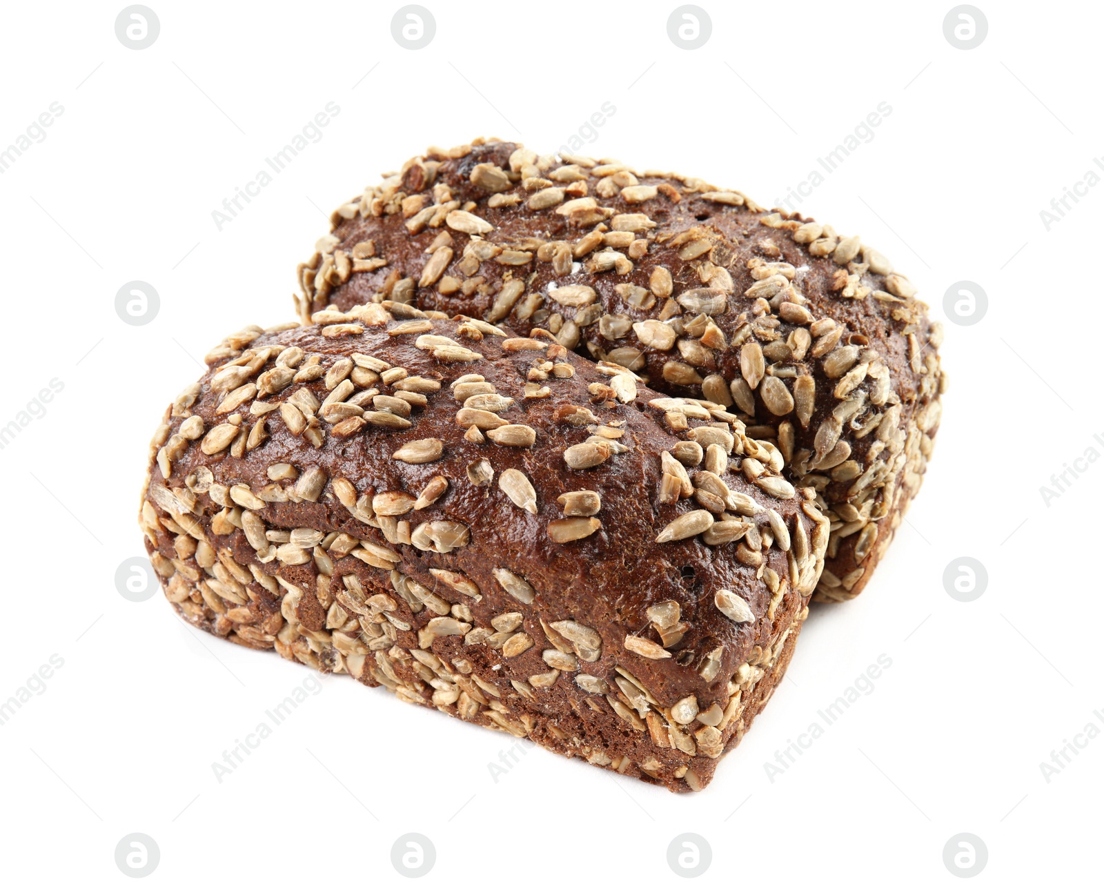 Photo of Loaves of rye bread with sunflower seeds isolated on white