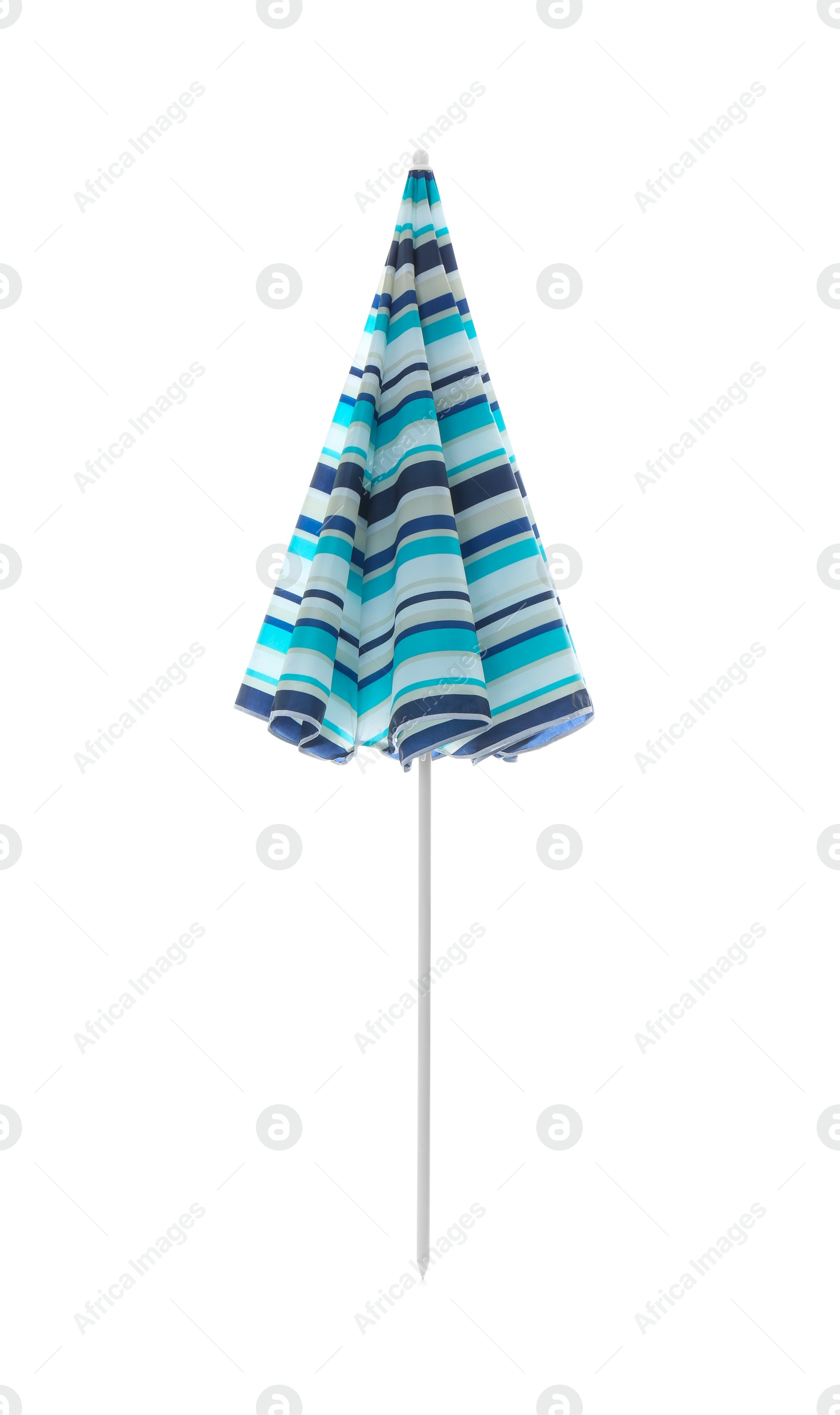 Photo of Closed blue striped beach umbrella isolated on white
