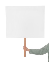 Woman holding blank sign on white background, closeup