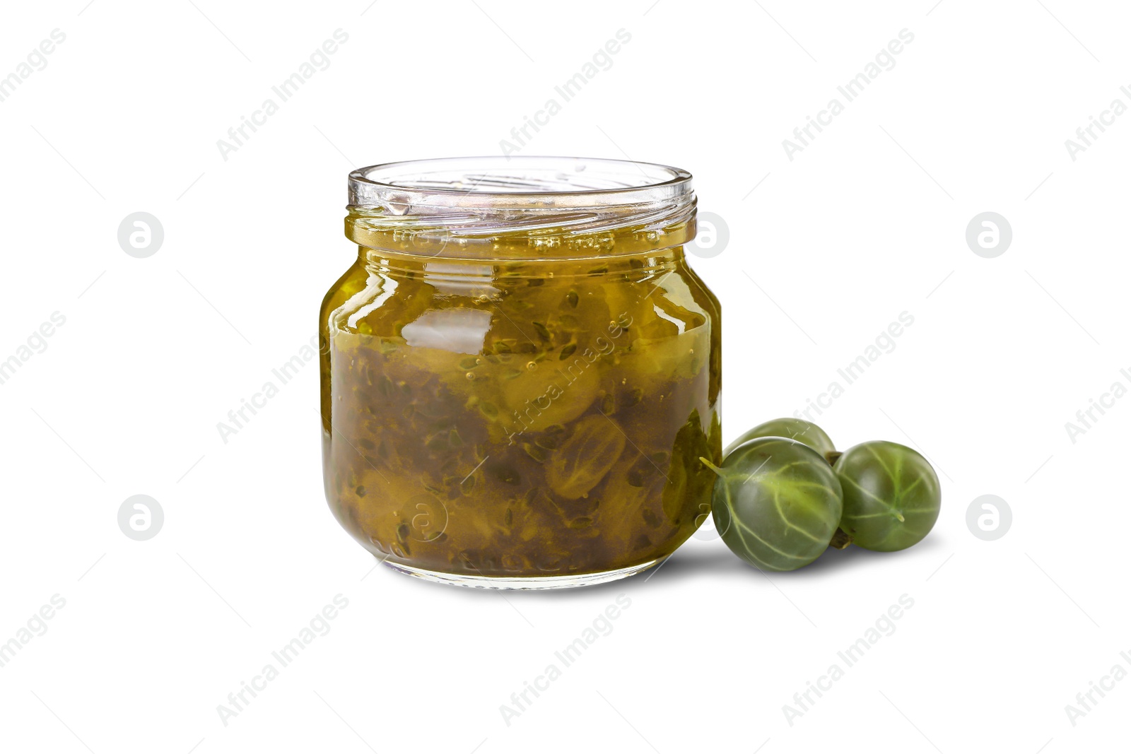 Photo of Jar of delicious gooseberry jam and fresh berries on white background