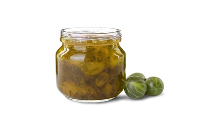 Jar of delicious gooseberry jam and fresh berries on white background