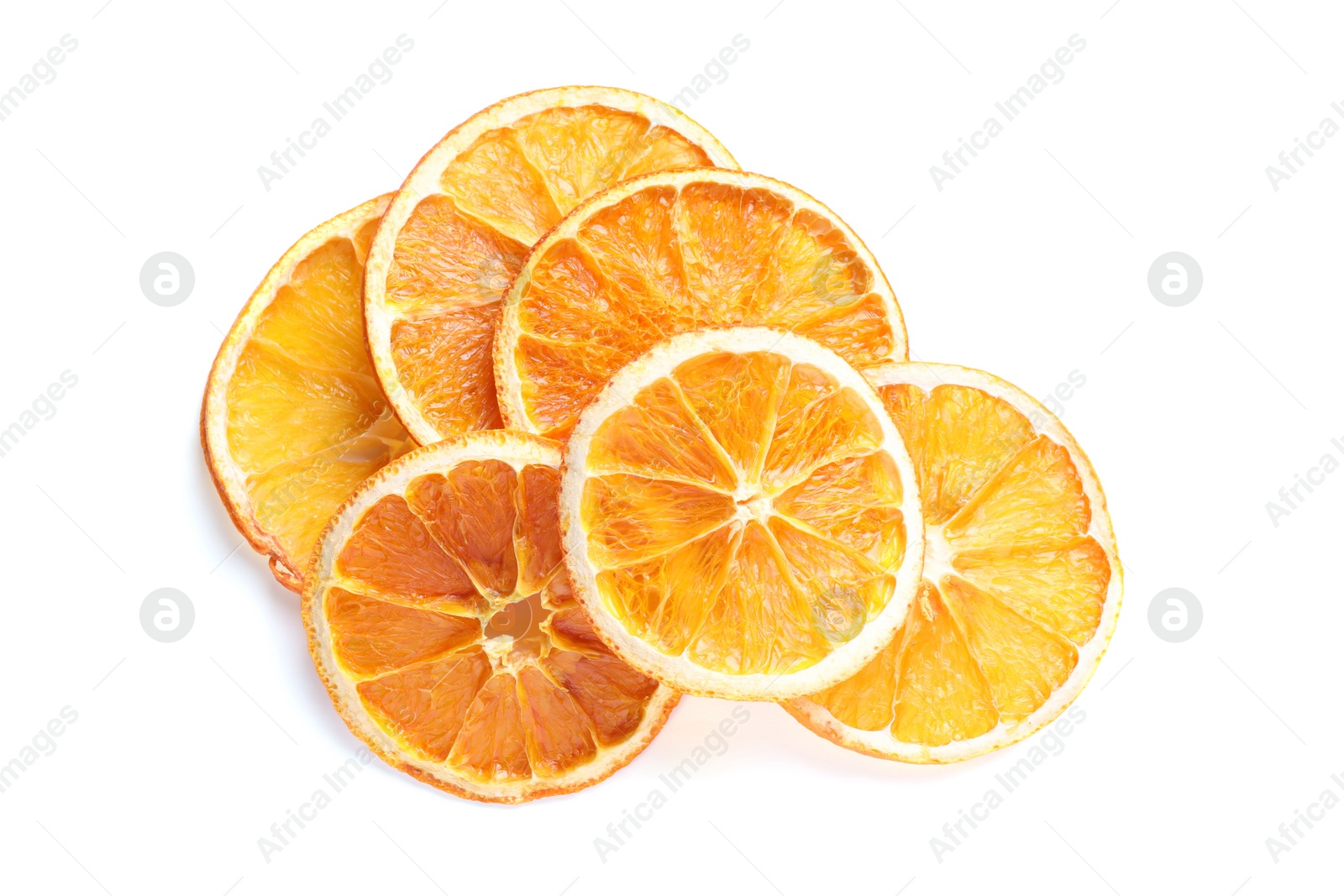 Delicious dry orange slices on white background, top view Photo of Delicious dry orange slices on white background, top view