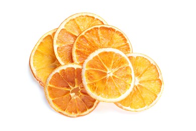 Photo of Delicious dry orange slices on white background, top view