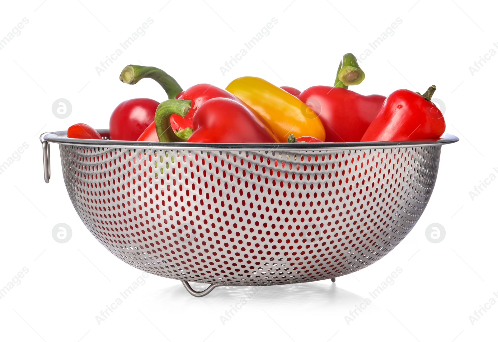 Photo of Colander with fresh bell peppers isolated on white