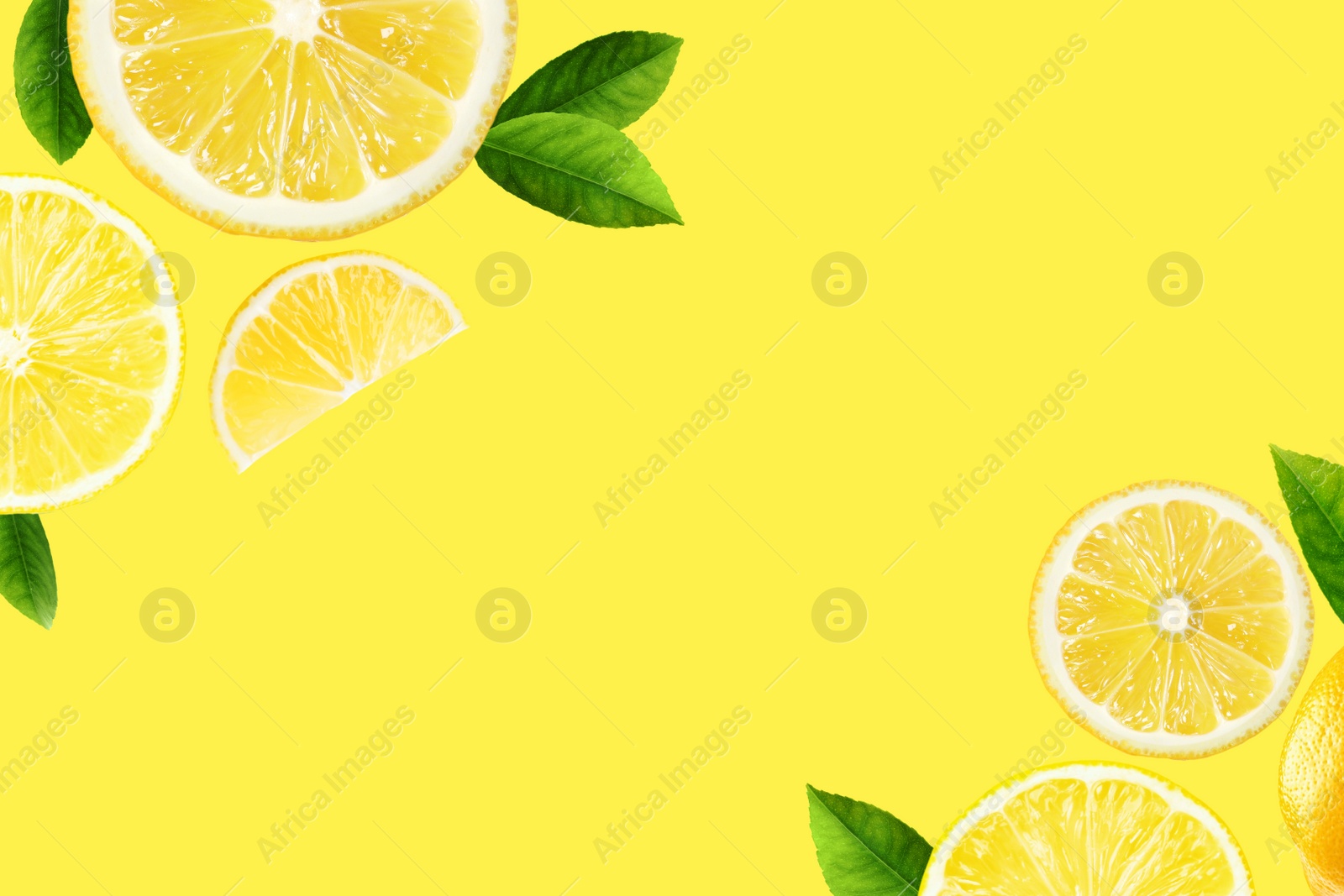 Image of Fresh ripe lemons and green leaves on yellow background, flat lay. Space for text
