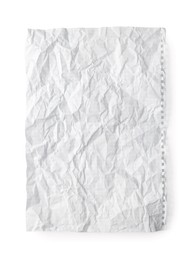 Crumpled sheet of paper on white background, top view