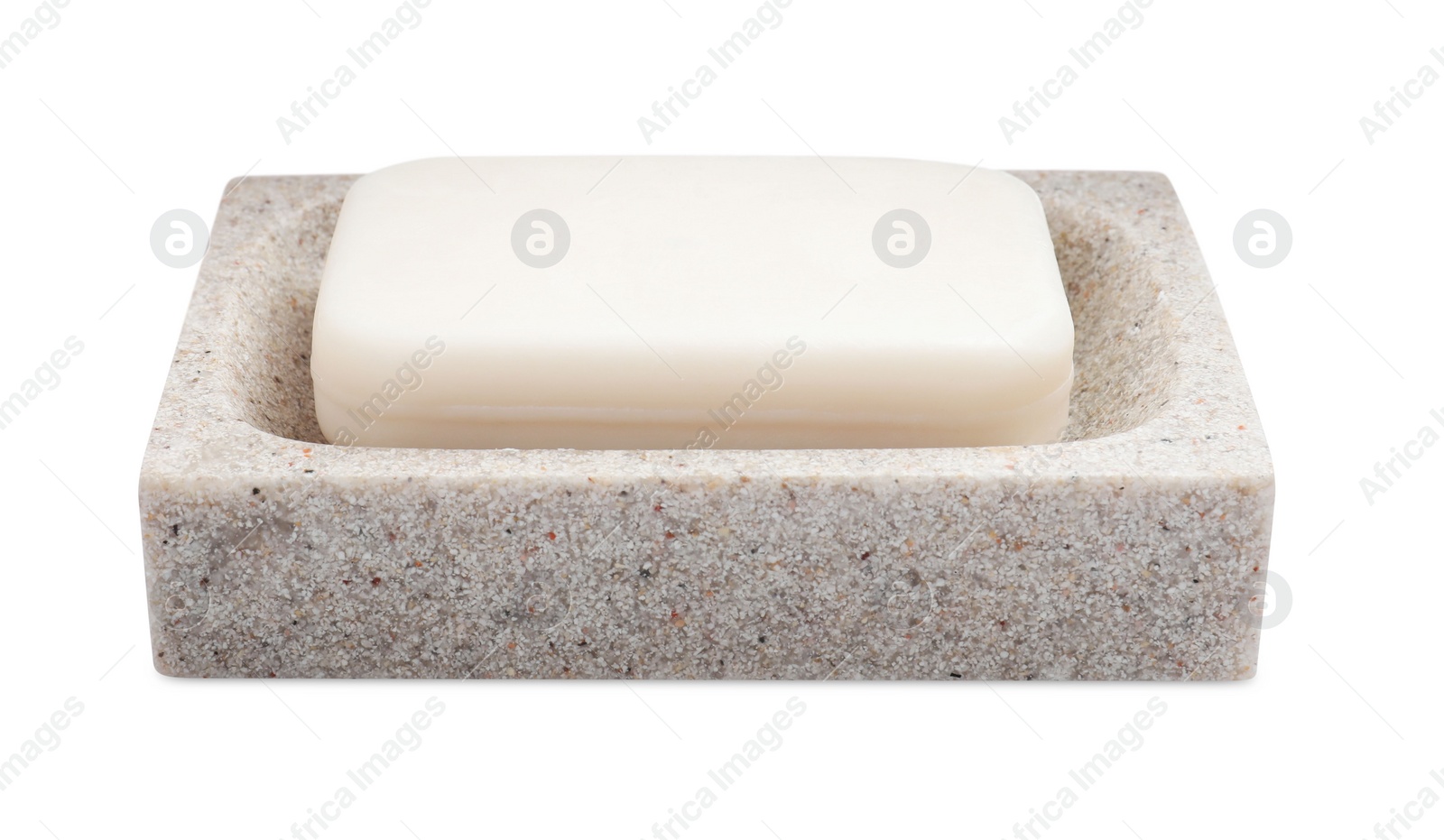 Photo of Holder with soap bar on white background