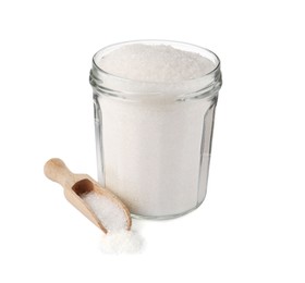 Glass jar of granulated sugar and scoop on white background