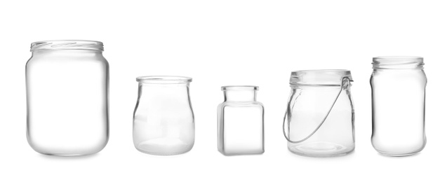 Set with open empty glass jars on white background. Banner design