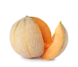 Photo of Sliced tasty ripe melon on white background