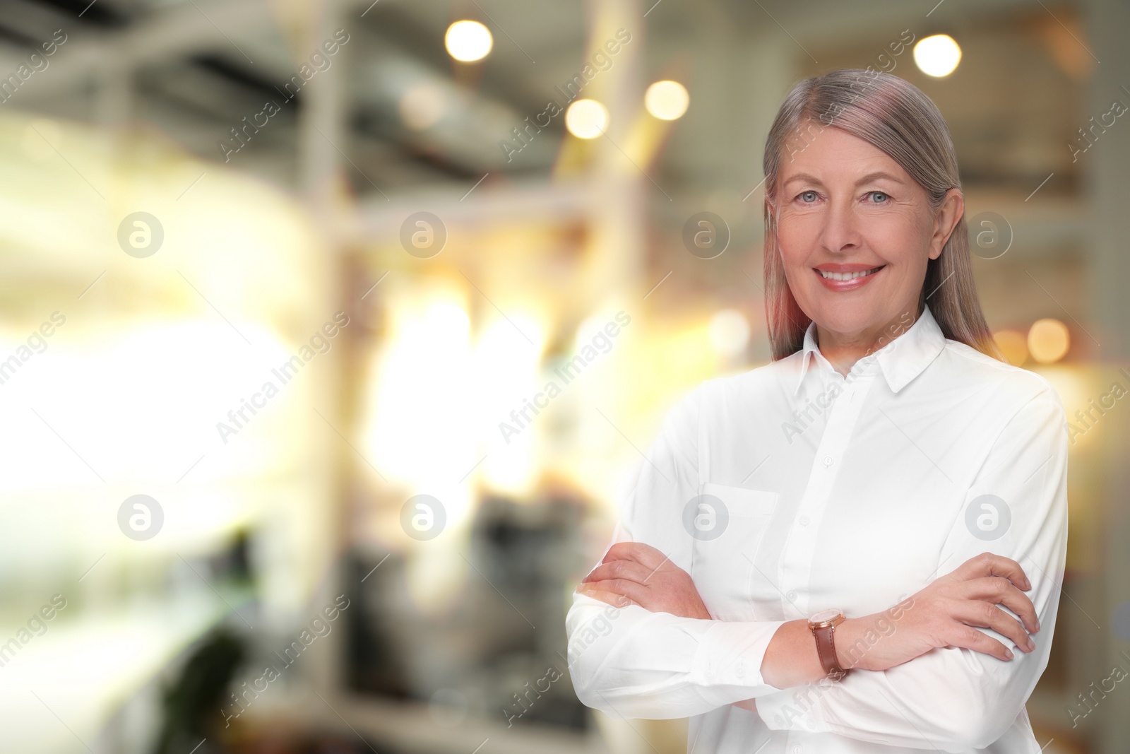 Image of Lawyer, consultant, business owner. Confident woman smiling indoors, space for text