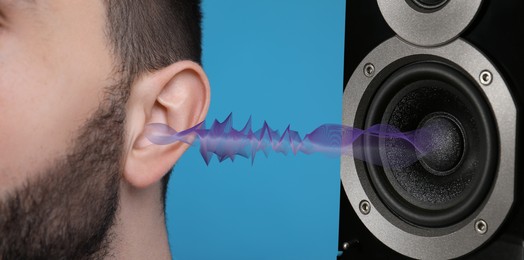 Image of Modern audio speaker and man listening to music on light blue background, closeup view of ear. Banner design