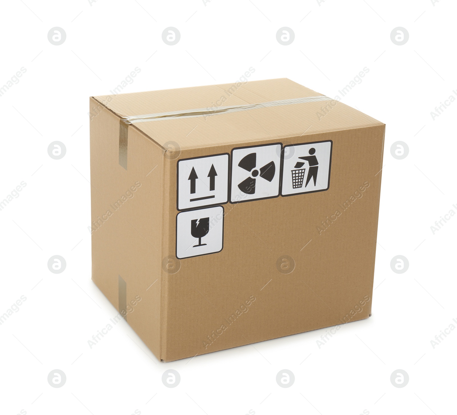 Photo of Cardboard box with different packaging symbols isolated on white. Parcel delivery