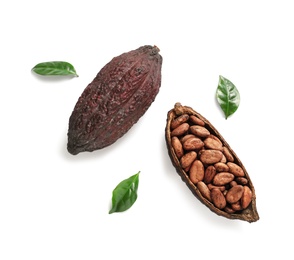 Photo of Composition with cocoa pods on white background, top view